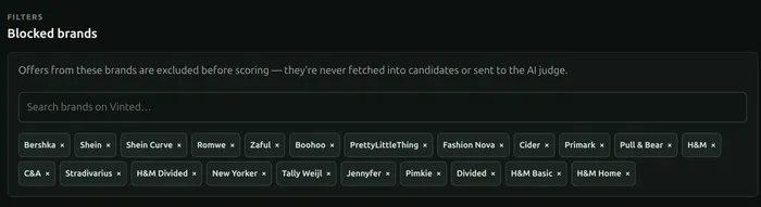VSniper's blocked brands settings, showing fast-fashion brands excluded from searches