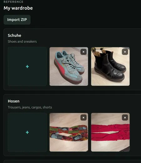 The VSniper wardrobe view, with reference clothes grouped by clothing item